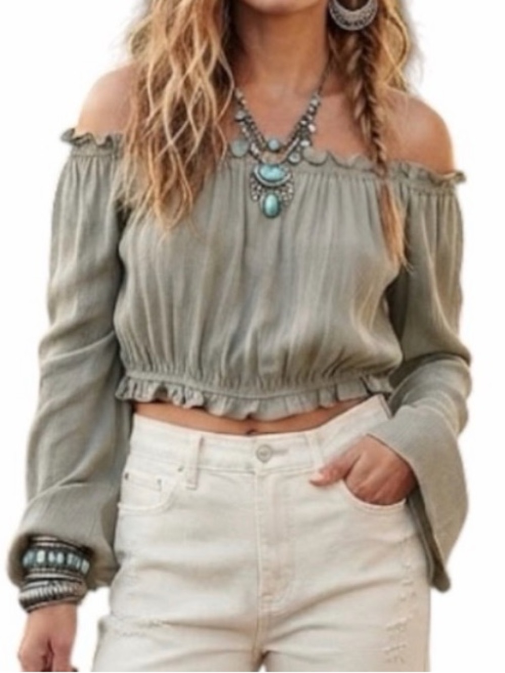 NORDSTROM Ten Sixty Sherman Sage Green Off Shoulder Crop Top Size Small